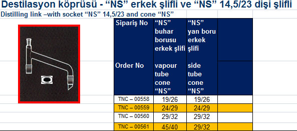 Destilasyon köprüsü - “NS” erkek şlifli ve “NS” 14,5/23 dişi şlifli 