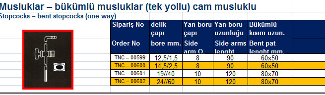 Musluklar – bükümlü musluklar (tek yollu) cam musluklu