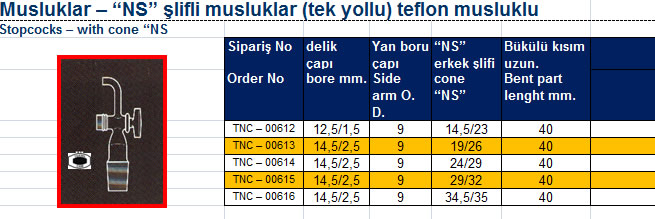 Musluklar – “NS” şlifli musluklar (tek yollu) teflon musluklu