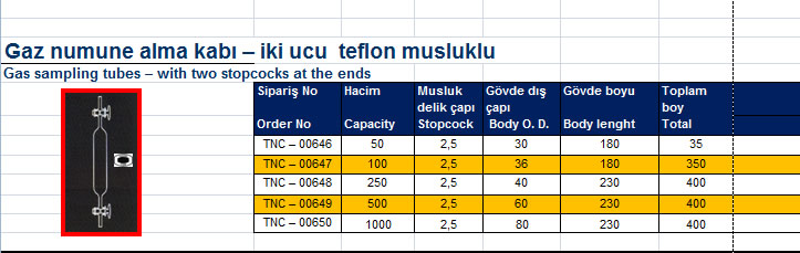 Gaz numune alma kabı – iki ucu  teflon musluklu 